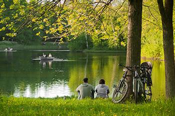 People at a creek with trees