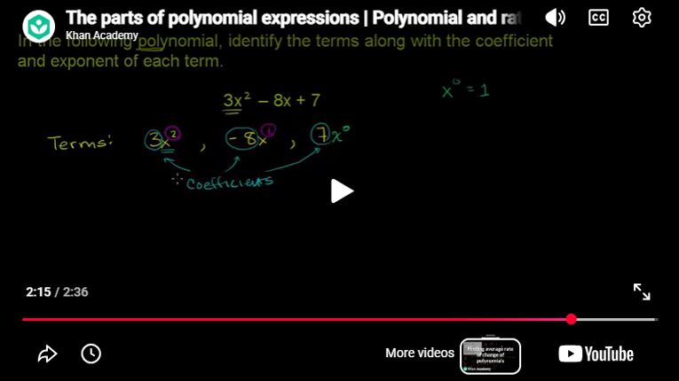 Play Video - The parts of polynomial expressions | Polynomial and rational functions | Algebra II | Khan Academy